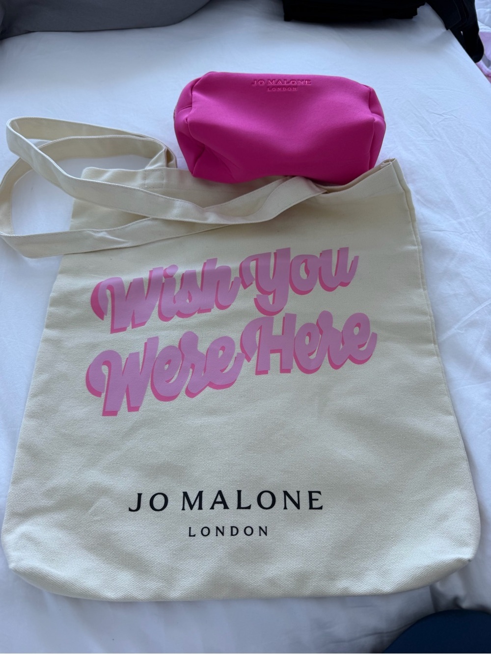 Jo Malone cream canvas tote with pink print and hot pink pouch